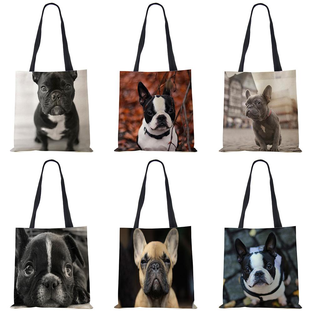 Shopping Bags For Groceries French Bulldog Custom Print Handbag Women Shoulder Cloth Pouch Foldable Girl Large Linen Bag