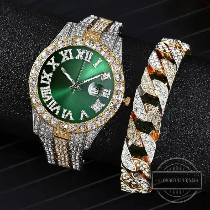 1/2 шт. Браслет для часов в стиле хип-хоп из нержавеющей стали золотого цвета, часы с календарем для мужчин, инкрустированные стразами, мужские часы Reloj Hombre