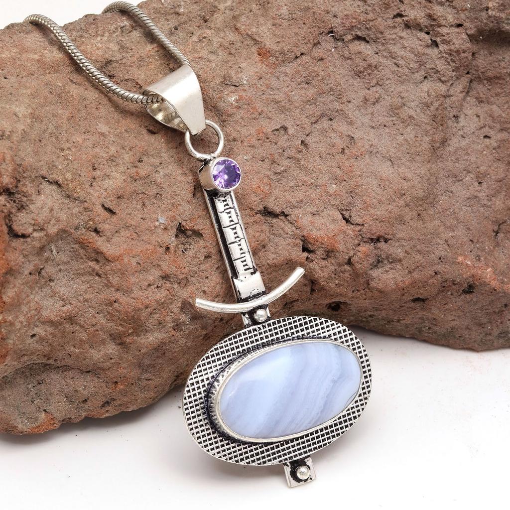 Голубой кружевной агат Аметист Драгоценный камень День матери Серебряное ювелирное изделие Кулон 2.5"