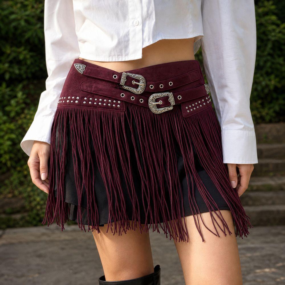 Soft Matte Look Fringe Waist Belt Suede Material Double Buckle Belt Fashion Boho Belt For Women