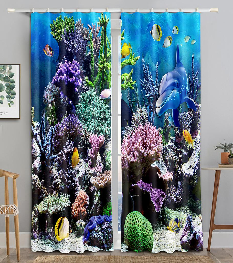 Dolphins Turtles Pebbles Kids Window Curtains In The Living Room Kitchen Window Curtains Drapes Printed Window for Bedroom