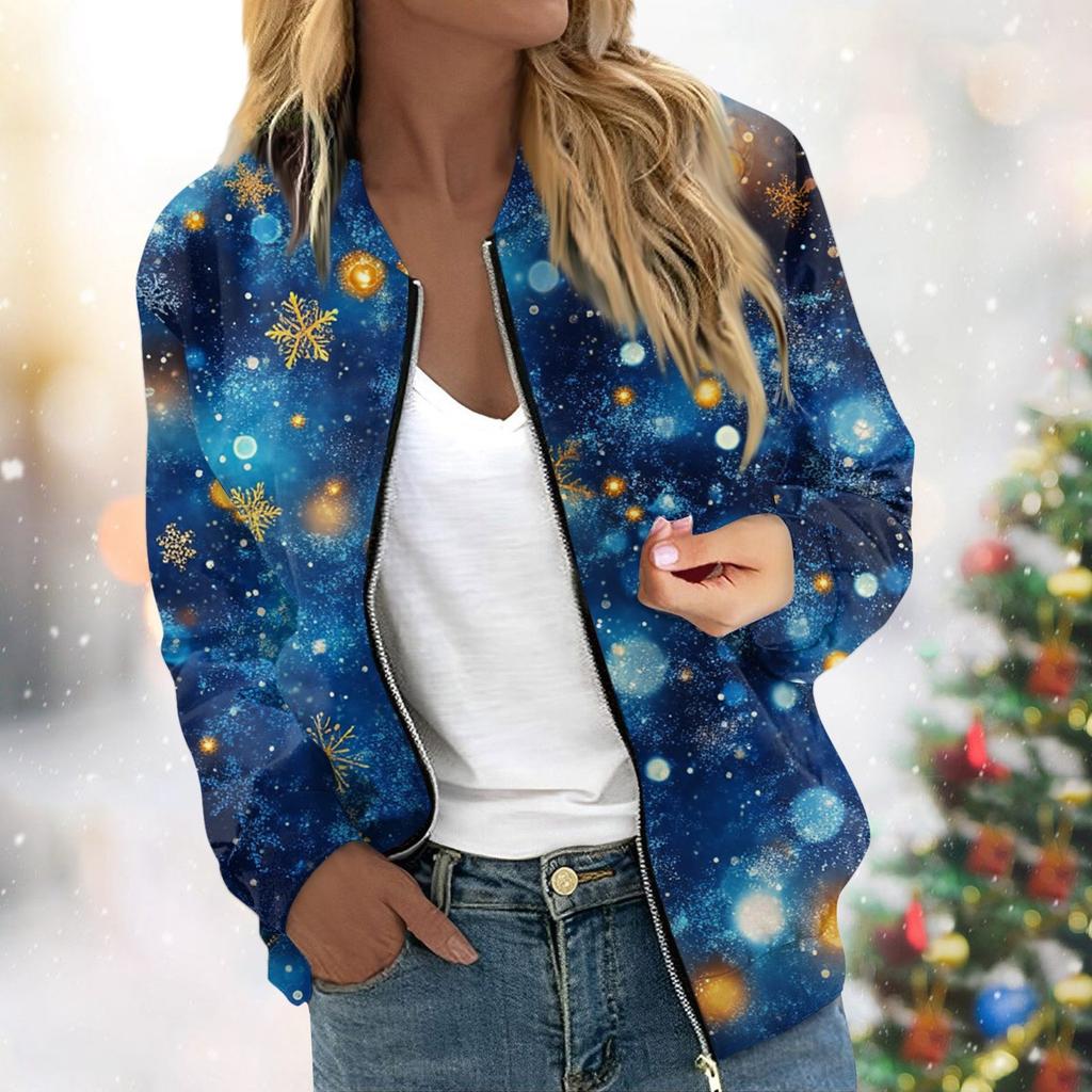 Женская легкая короткая куртка с длинными рукавами на молнии с принтом, повседневная стеганая куртка с карманами, рождественская