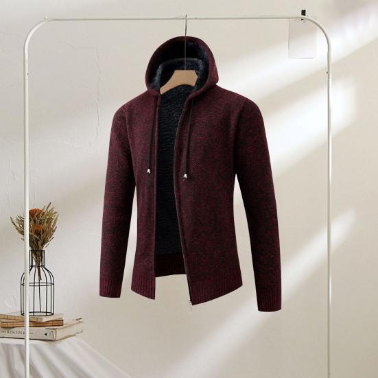 Men Fall Winter Cardigan Coat Drawstring Hooded Thick Velvet Lining Ribbed Cuffs Hem Solid Color Knitted