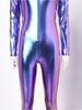 Front Zip-up Long Sleeve Hooded Bodysuit Metallic Shiny Jumpsuit with Leggings Tights for Women Rave Party Club