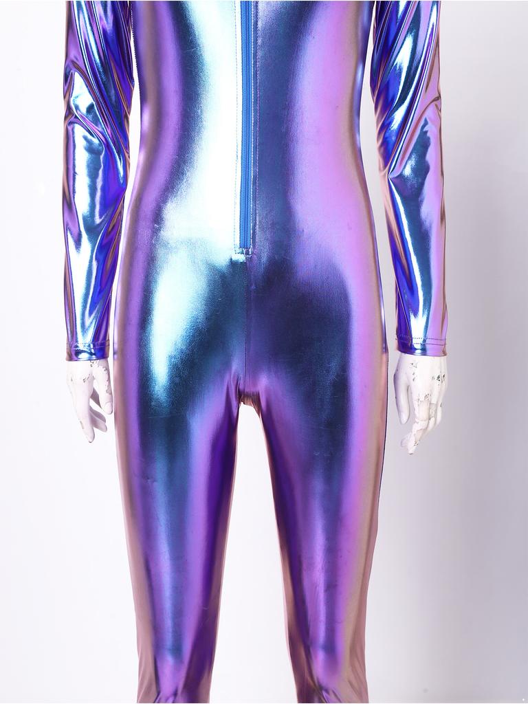 Front Zip-up Long Sleeve Hooded Bodysuit Metallic Shiny Jumpsuit with Leggings Tights for Women Rave Party Club