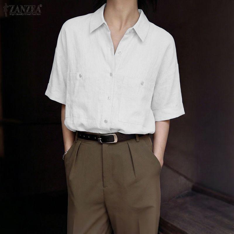 ZANZEA Женская повседневная летняя блузка с отложным воротником и коротким рукавом