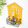 Sturdy Metal And Wood Wall Floating Shelf Wooden House Shape Shelf, Decorative Storage Rack, Creative Space Saving for Balcony Basket with Mesh