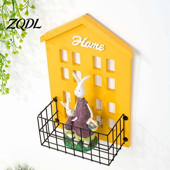 Sturdy Metal And Wood Wall Floating Shelf Wooden House Shape Shelf, Decorative Storage Rack, Creative Space Saving for Balcony Basket with Mesh