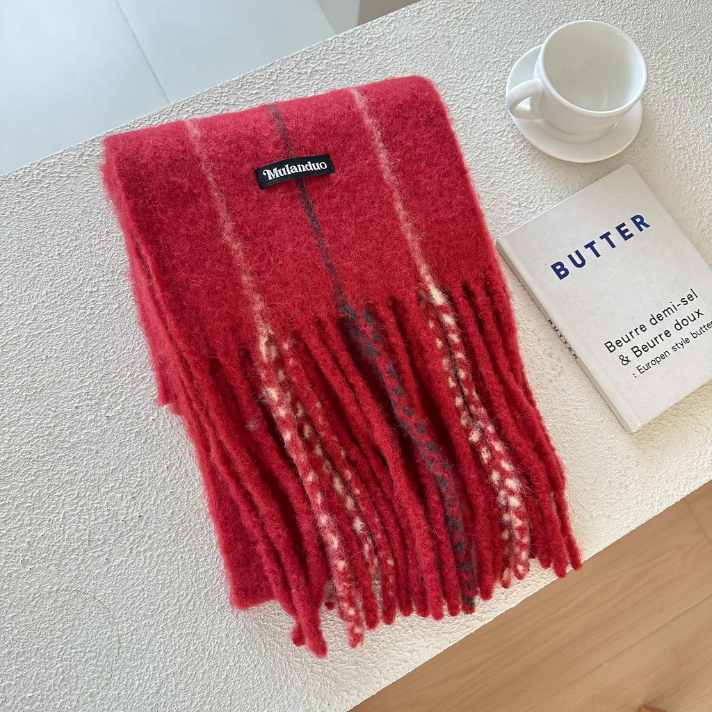 Wool blended striped fringed scarf female winter manufacturer wholesale thickened warm versatile knitted thickened scarf