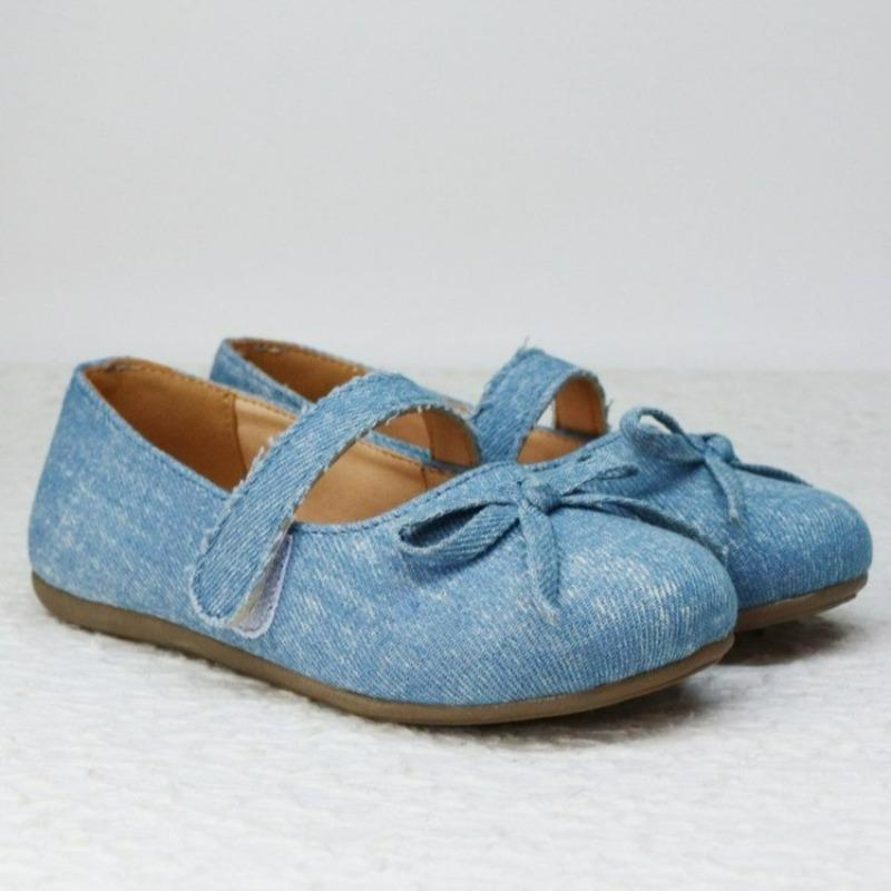 Туфли из кожи для девочек на вечеринку, свадьбу, детские туфли принцессы из джинсовой ткани с круглым носком, детские туфли принцессы с бантом
