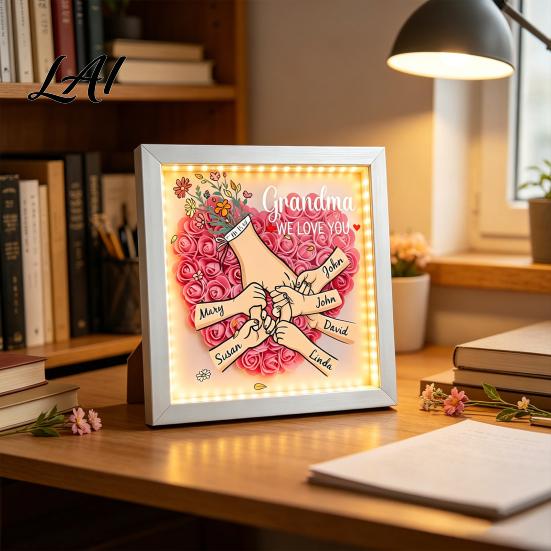 Gift for Mom from Kids Personalized Mommy Holding Hands Shadow Box with Ring And Manicure Custom Floral Heart Names Picture Frame Mother's Day Gifts