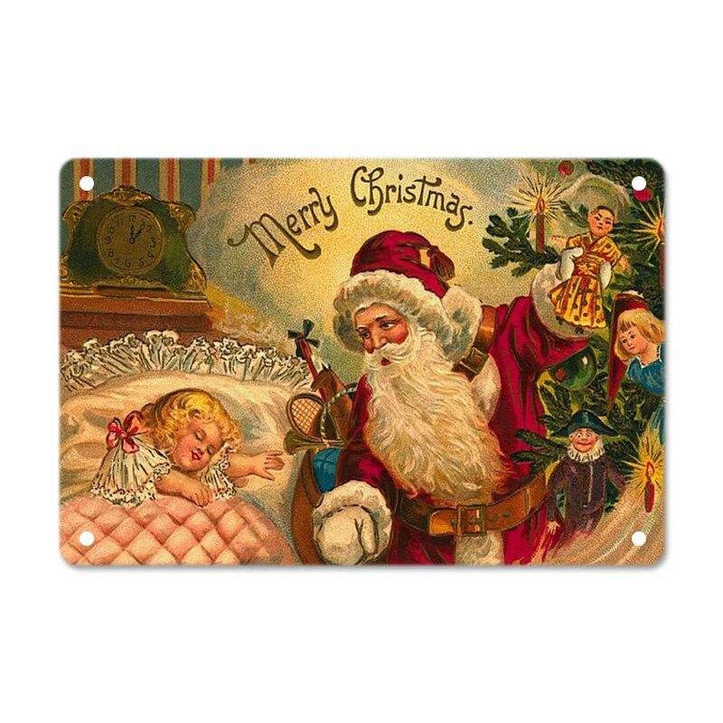 Merry Christmas Posters Tin Sign Cute Snowman and Santa Claus Metal Plaque Wall Art Decor Christmas Gift