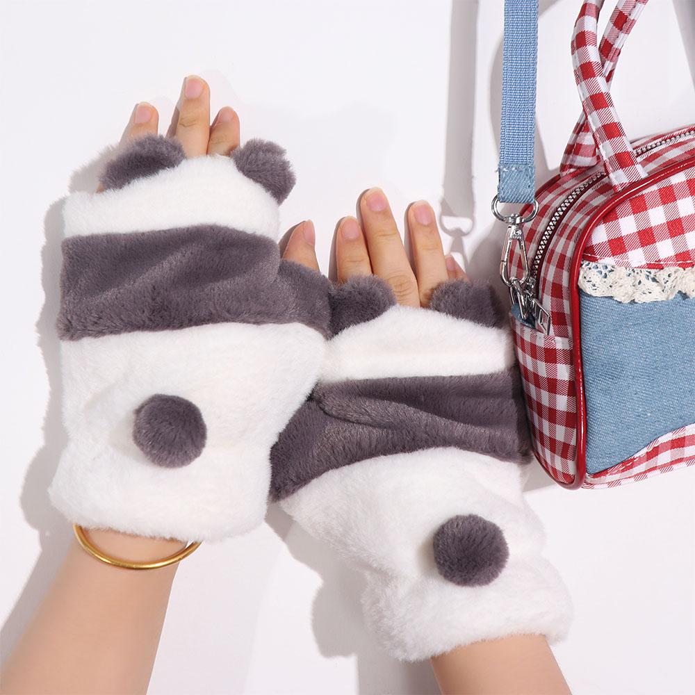 Half Finger Gloves Korean Style Winter Velvet Mittens Panda Plush Gloves Outdoor