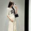 Women's Floral Embroidered Slim Fit Knit Top - Sweet Girly Style, Round Neck, Mid-Sleeve (K3-19)