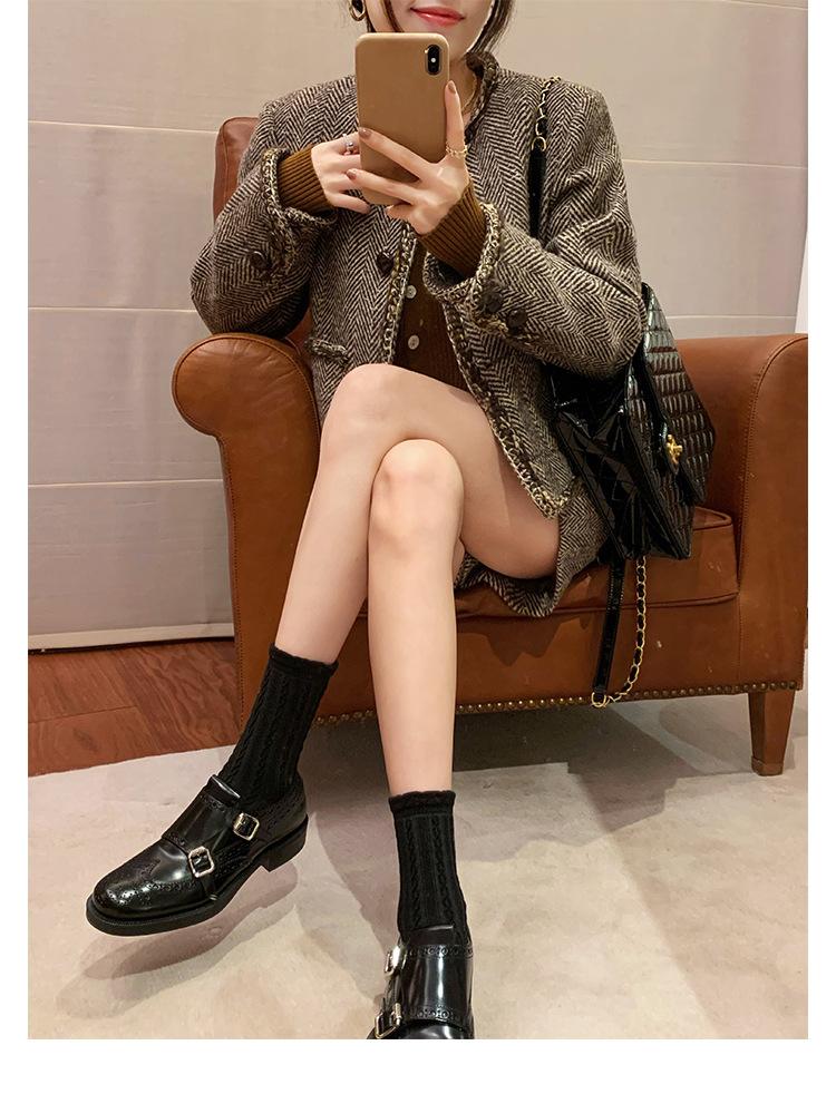 Cowhide Version~ Retro Engraved Block Leather Platform Small Leather Shoes Women's One-pedal Lazy Belt Buckle Loafers