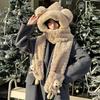 Plush hat autumn and winter women's double-layer thickened windproof and warm cute bear scarf and gloves integrated WJ