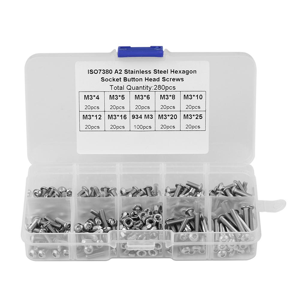 280pcs M3*4 5 6 8 10 12 16 20 25 Button Head Hex Socket Screws Nuts with Plastic Case
