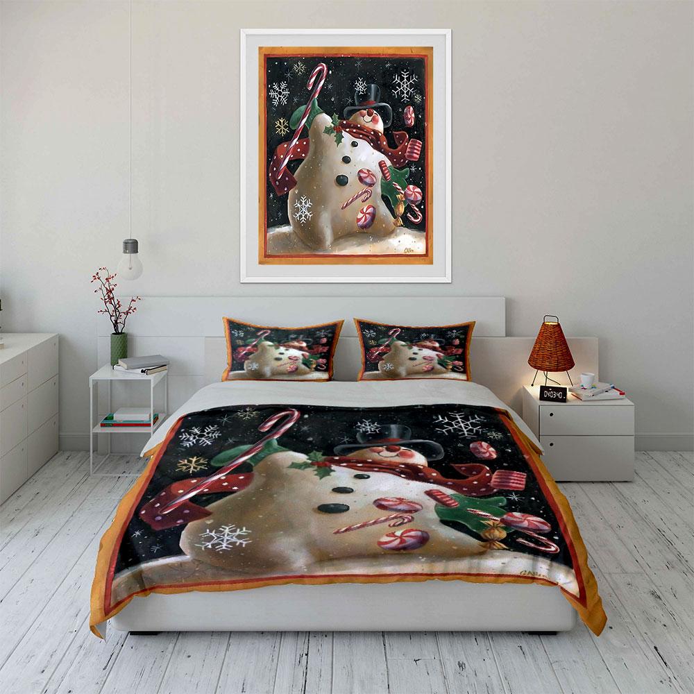 Snowman and Candy Cane Pattern Bedding Duvet Cover Set Duvet Cover Pillowcases  (1*Duvet Cover 2*Pillowcases, without duvet insert)
