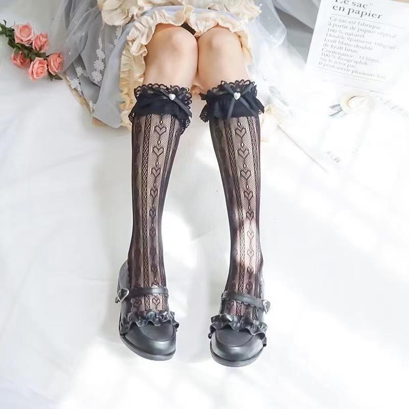Women's Summer Spring Cotton Socks Thin White Lolita Lace Stocking Black Jk Bow Sweet Mid-leg Calf Socks Sweet Style Girls Gift