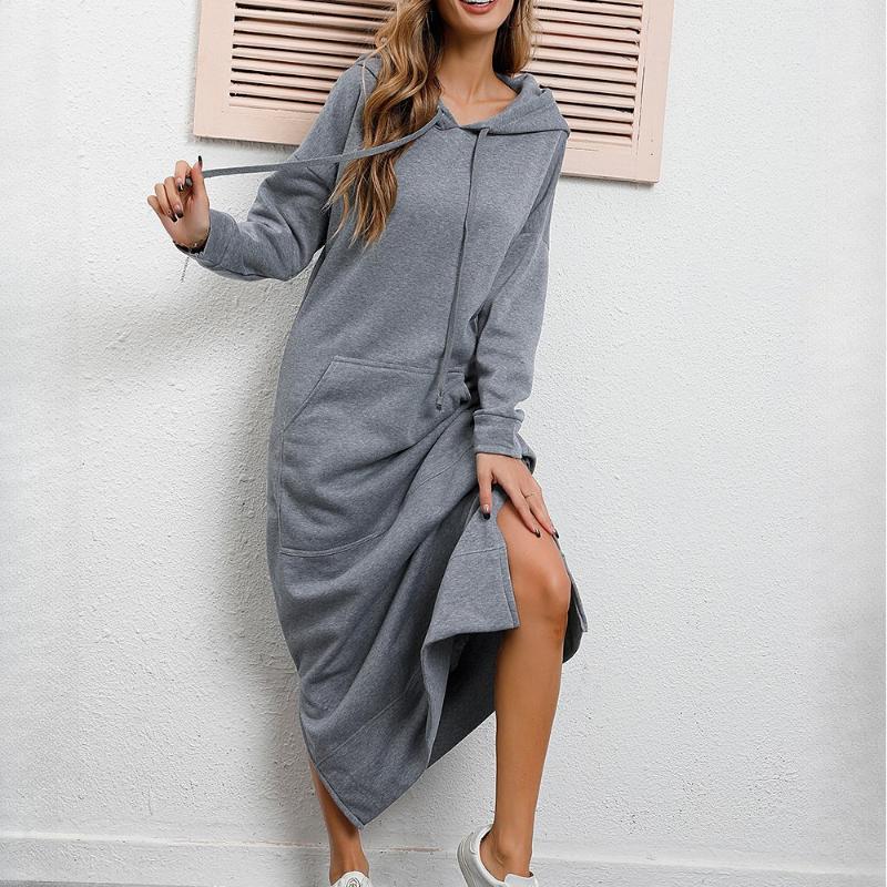 GMXIA Осенне-зимнее свободное трикотажное длинное платье большого размера с капюшоном, толстовка с подкладкой, повседневные модные платья, платья с большими карманами
