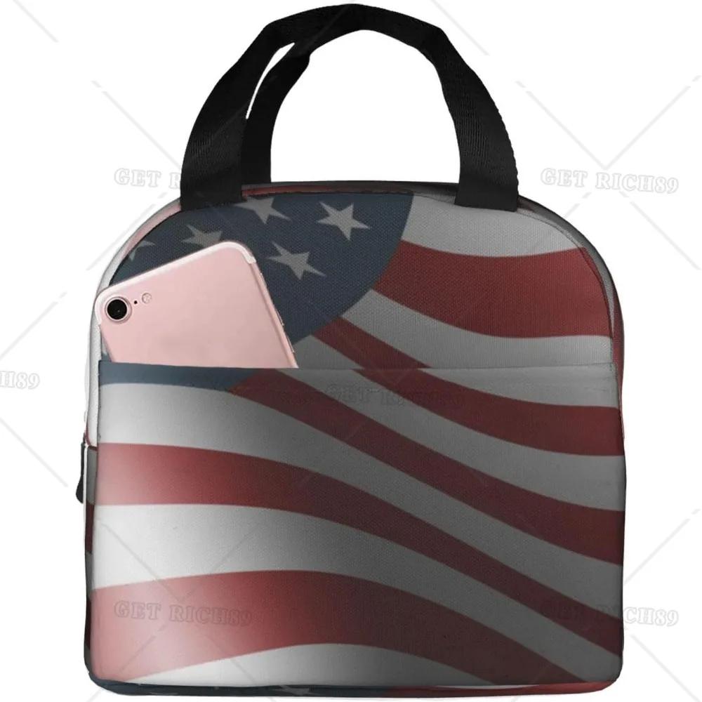 Сумка-тоут с американским флагом для обеда для женщин и мужчин, многоразовый изолированный контейнер для обеда-холодильника с карманом для работы в офисе