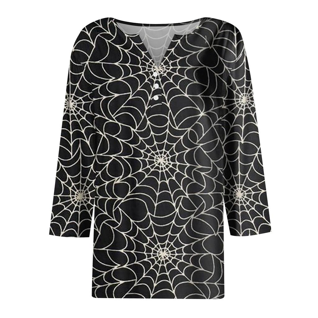 3/4 Length Sleeve Womens Tops Floral Halloween Print Vintage Fashion Casual Loose With V Neck Plus Size Shirts