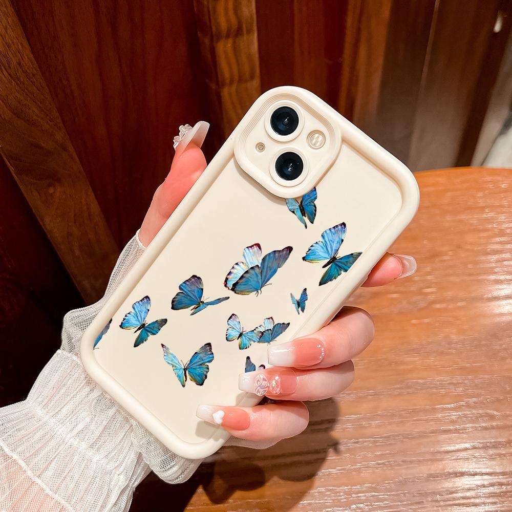 Для iPhone 16 15 14 13 12 11 Pro Max XS Max XR X SE 8 7 синий градиентный узор с бабочками мягкий силиконовый защитный чехол для телефона на всю линзу