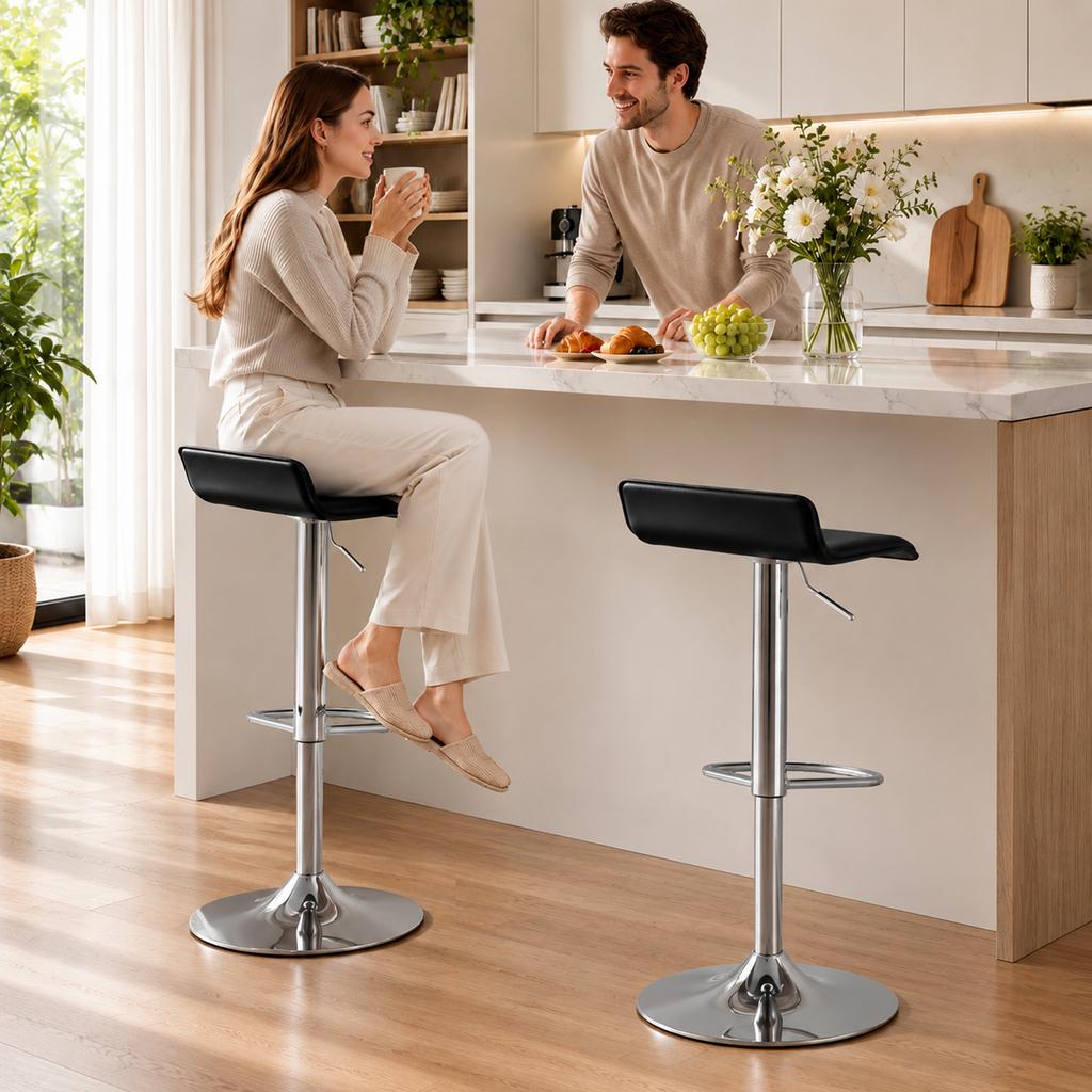Bar Stool 360 degrees Swivel Bar Chair with Silver Steel Frame, Height-Adjustable Kitchen Chair with Footrest, Black