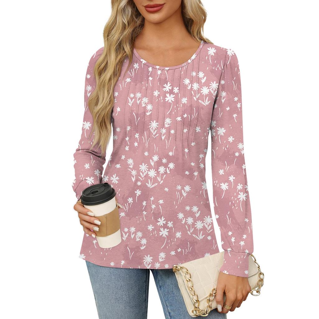 Рубашки с длинным рукавом для женщин, футболки с милым принтом и графикой, блузки, нарядные повседневные блузки, плиссированные топы-туники с овальным вырезом