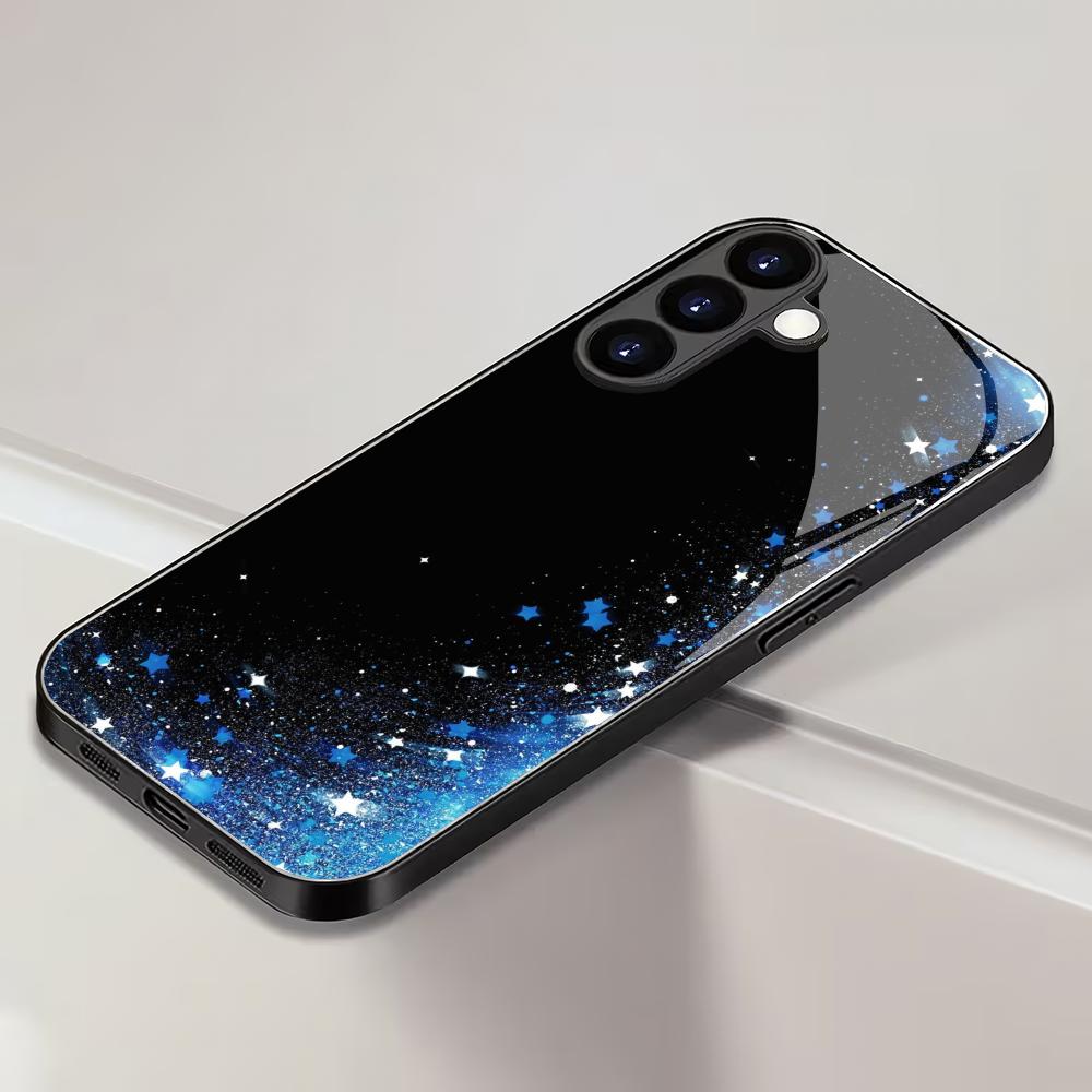 Blue star tempered glass phone case suitable for Samsung Galaxy S26 S25 S24 S23 S22 S20 FE/Ultra/Plus anti drop back cover