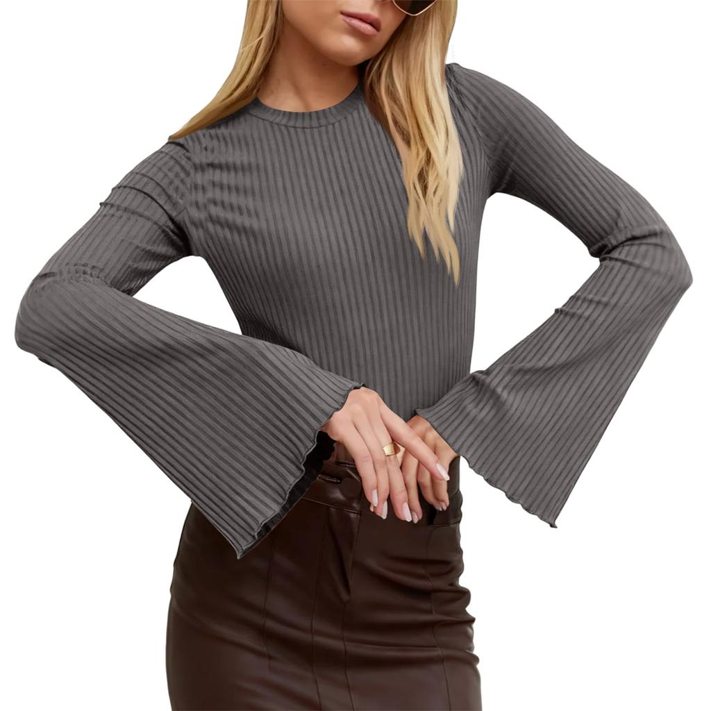 Женский модный однотонный топ с длинными рукавами-клеш