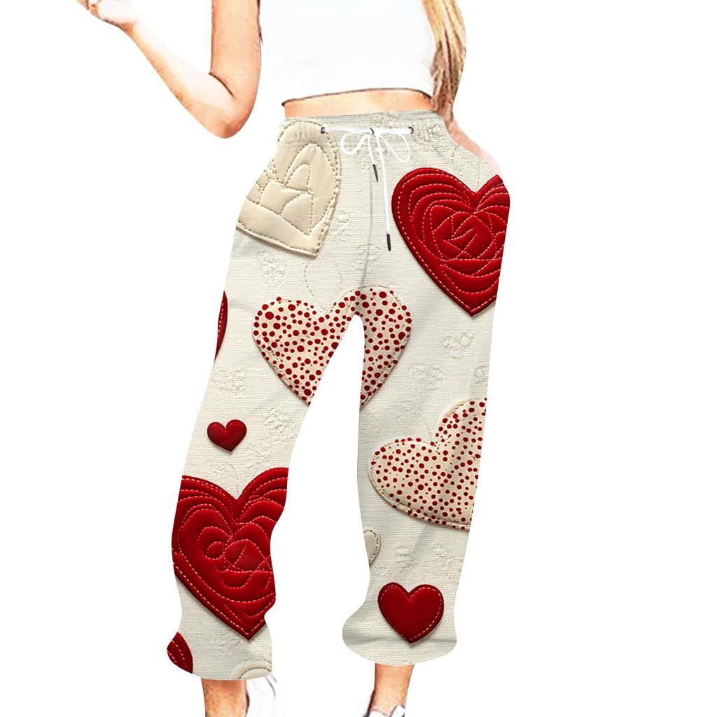 Женская повседневная мода День святого Валентина Повседневные брюки с принтом Спортивные брюки Брюки с эластичной резинкой на талии со шнурком Брюки со шнурком
