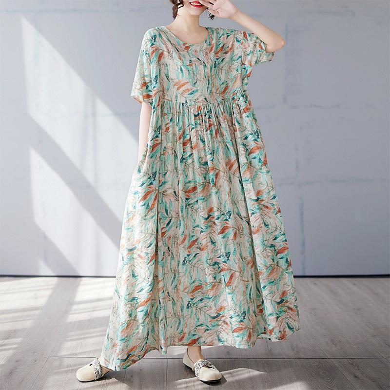 Новое хлопковое платье больших размеров с коротким рукавом и цветочным принтом для женщин, повседневное свободное длинное летнее платье
