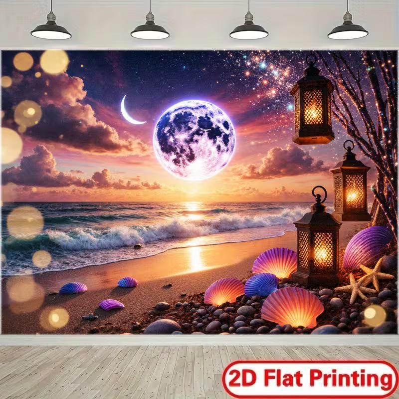 2D Fantasy Starry Beach & Lantern Backdrop for Room Decor & Content Creation