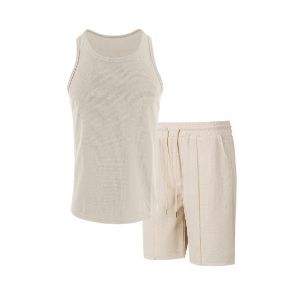 2 шт./компл. Мужская спортивная одежда из вафельной ткани, однотонный жилет без рукавов с круглым вырезом и эластичной талией, широкие шорты, повседневная одежда