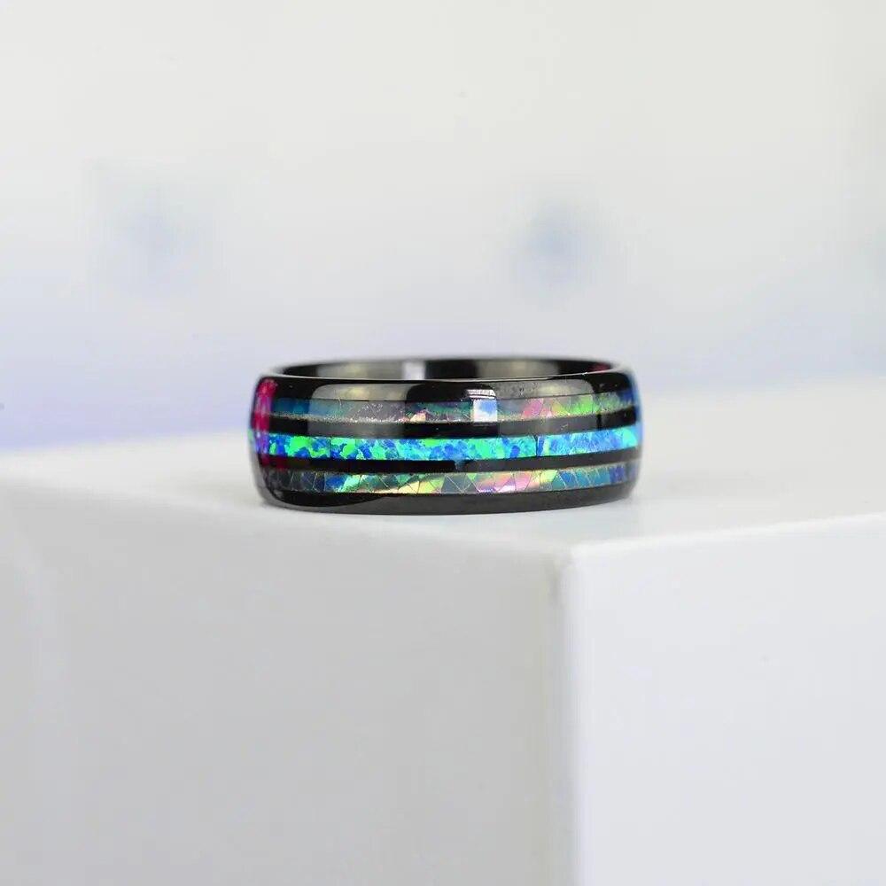 Fashion 8mm Rose Gold Color Tungsten Wedding Men Stainless Steel Rings Inlay Abalone Shell Blue Opal Rings Men Wedding Jewelry
