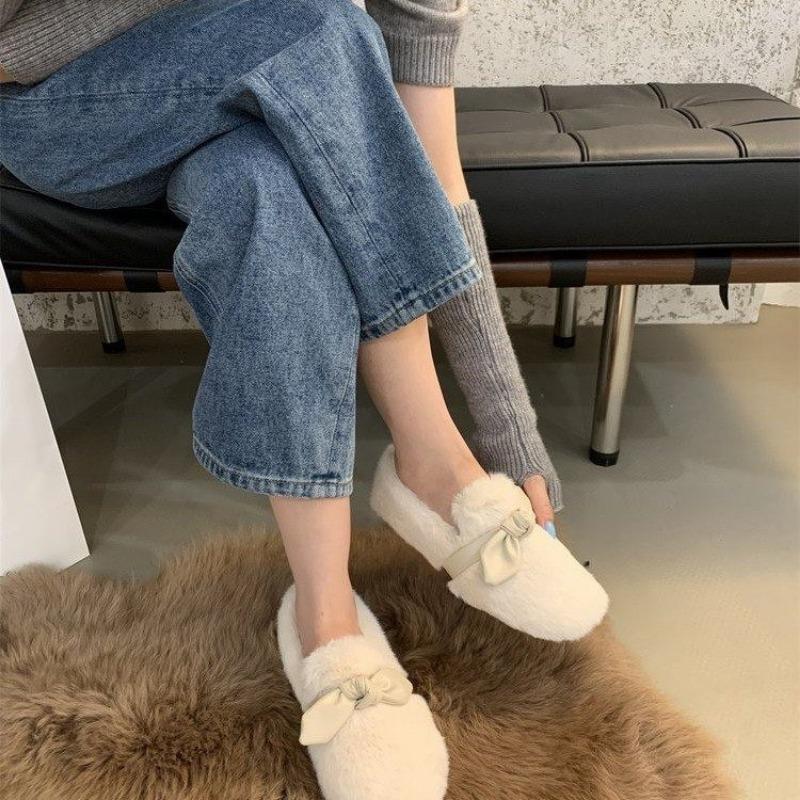 Модная женская обувь 2024 года, зимние новые повседневные мокасины без застежек, повседневные зимние туфли с круглым носком, на шнуровке, однотонные, с бантом