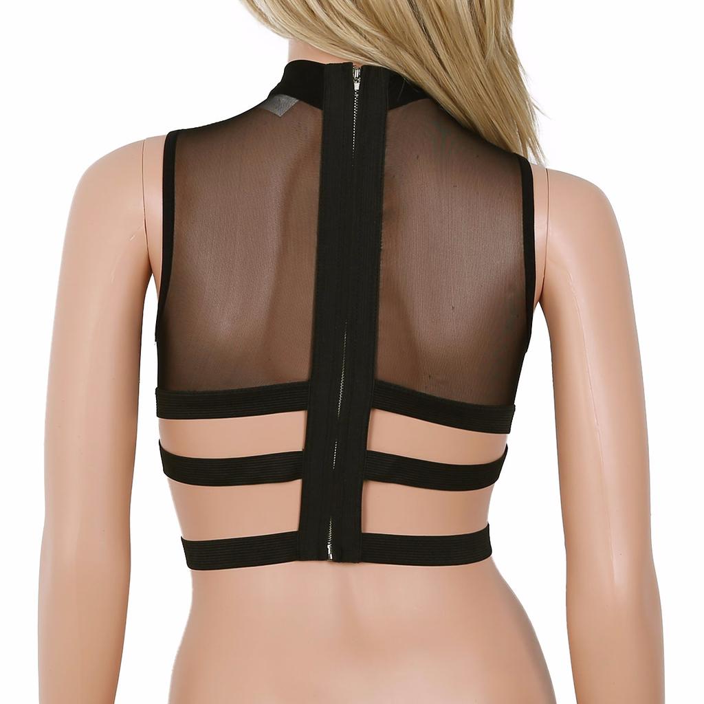 Womens Sexy Sleeveless Sheer Mesh Tank Tops See-through Criss Cross Tees Crop Top Clubwear