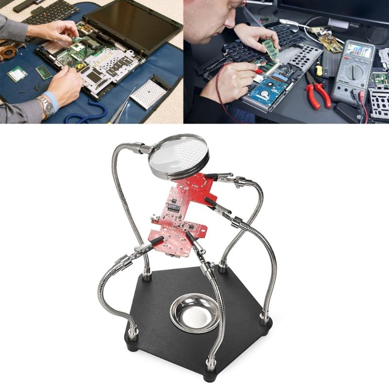 Third Hand Hot AirGun Frame PCB Board Holder HeatGun Stand Helping Hands Soldering Tool 3X LED Magnifying Glass