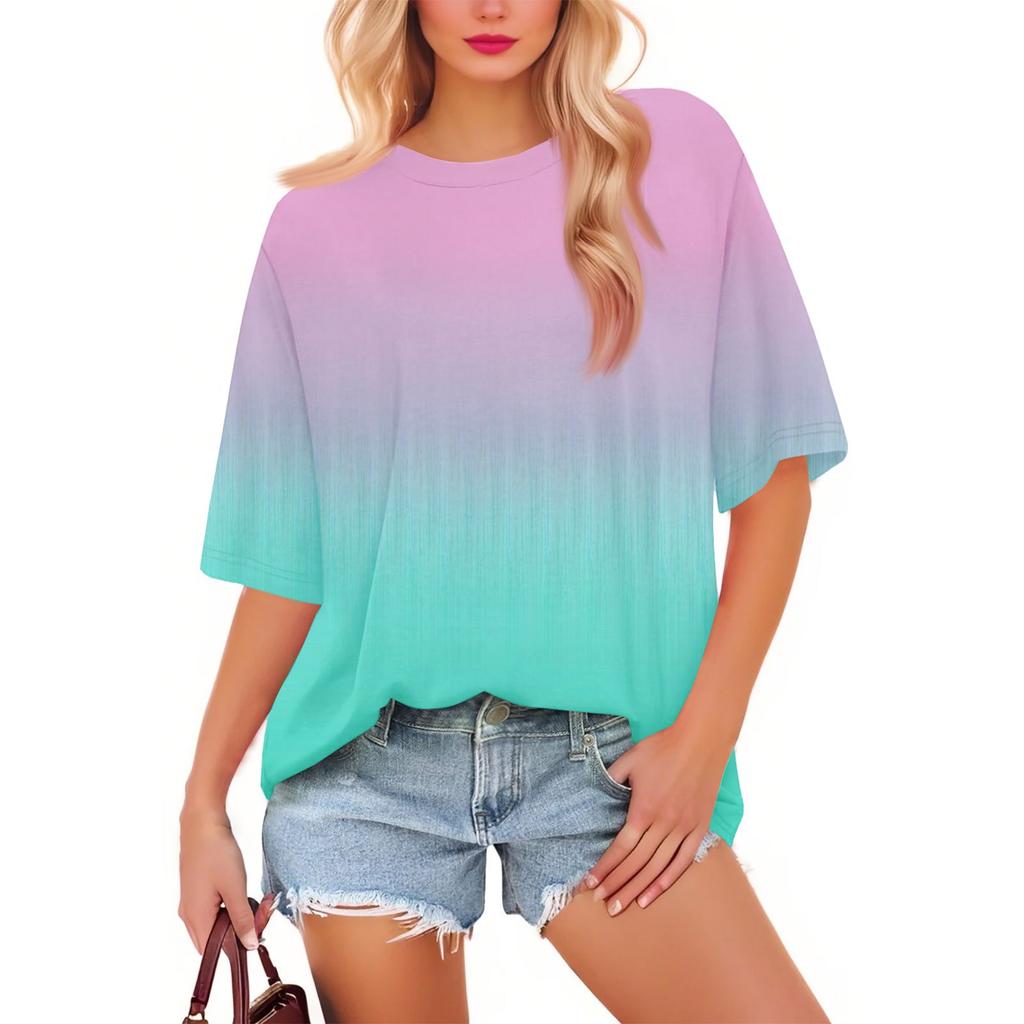 Women's Fashion Casual Gradient Color Loose Round Neck Short Sleeve Trendy Holiday T-shirt Top