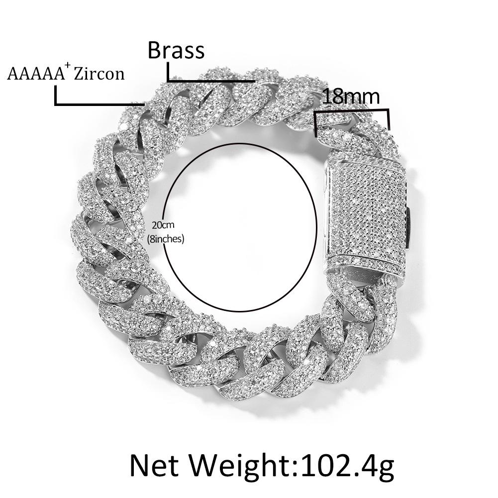 Hip-hop Bracelet Niche High-end Men's Box Buckle Copper Inlaid Zircon Silver 18mm Cuban Chain Bracelet.
