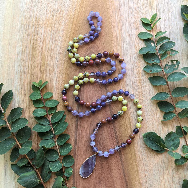 Lavender Amethyst,Lodolite,Yellow Pine Mala Necklace,108 Hand Knotted Meditation Necklace,Healing Crystals,Yoga Gift