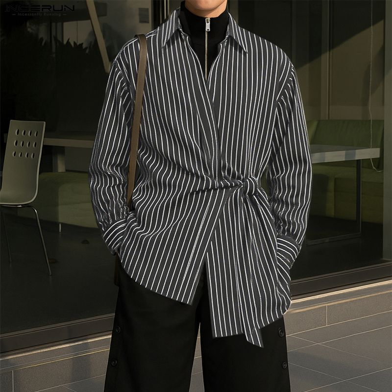 INCERUN Мужские весенние рубашки с отложным воротником, длинным рукавом, боковым перекручиванием, в полоску