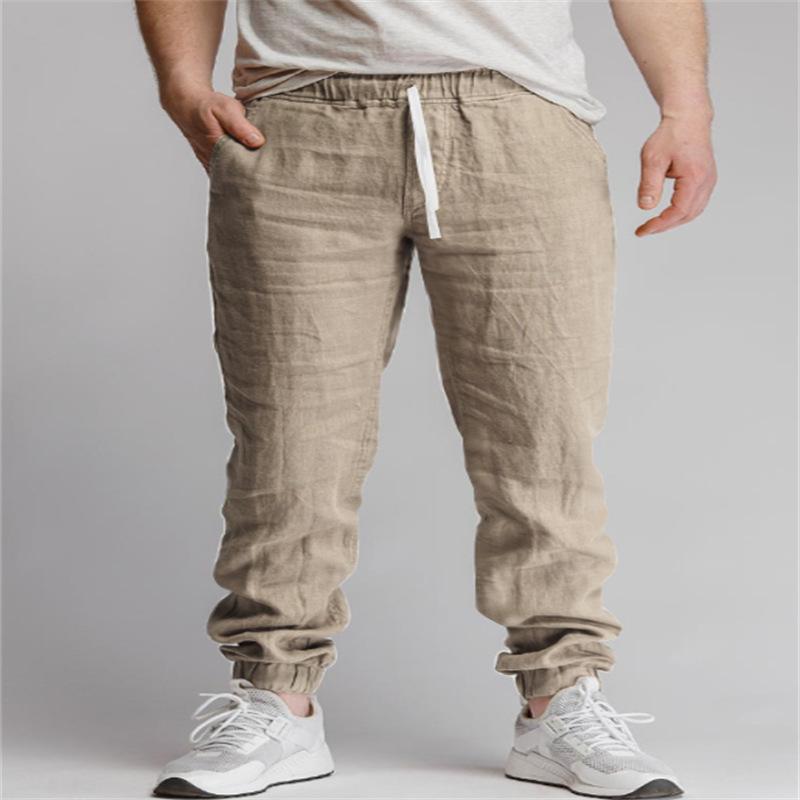 Модные новые мужские повседневные брюки из хлопка и льна с перекрестными краями, новые однотонные спортивные брюки для отдыха с дышащими штанами на шнурке