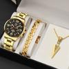 3pcs/set, 1pc Men's Casual Sports Round Pointer Stainless Steel Quartz Watch & 1pc Bracelet & 1pc Necklace with