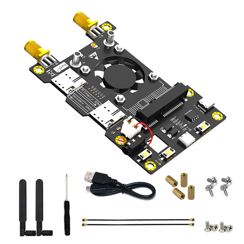 Модуль 4G 3G LTE Mini PCIE MPCIe, беспроводная карта адаптера с двойной антенной, охлаждающий вентилятор, светодиодный светильник для RaspberryPi 4 3 2