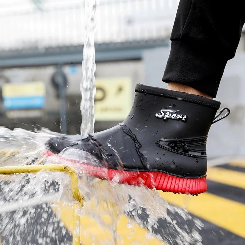 Черные мужские резиновые сапоги весна-осень мужские ботильоны водонепроницаемые для рыбалки болотная обувь автомойка рабочая обувь слипоны пластик 2024