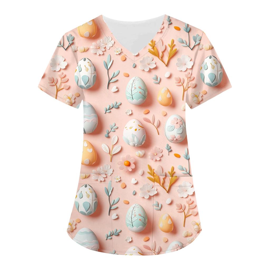 Женский свободный свитер с принтом пасхального яйца, V-образным вырезом, карманом, коротким рукавом