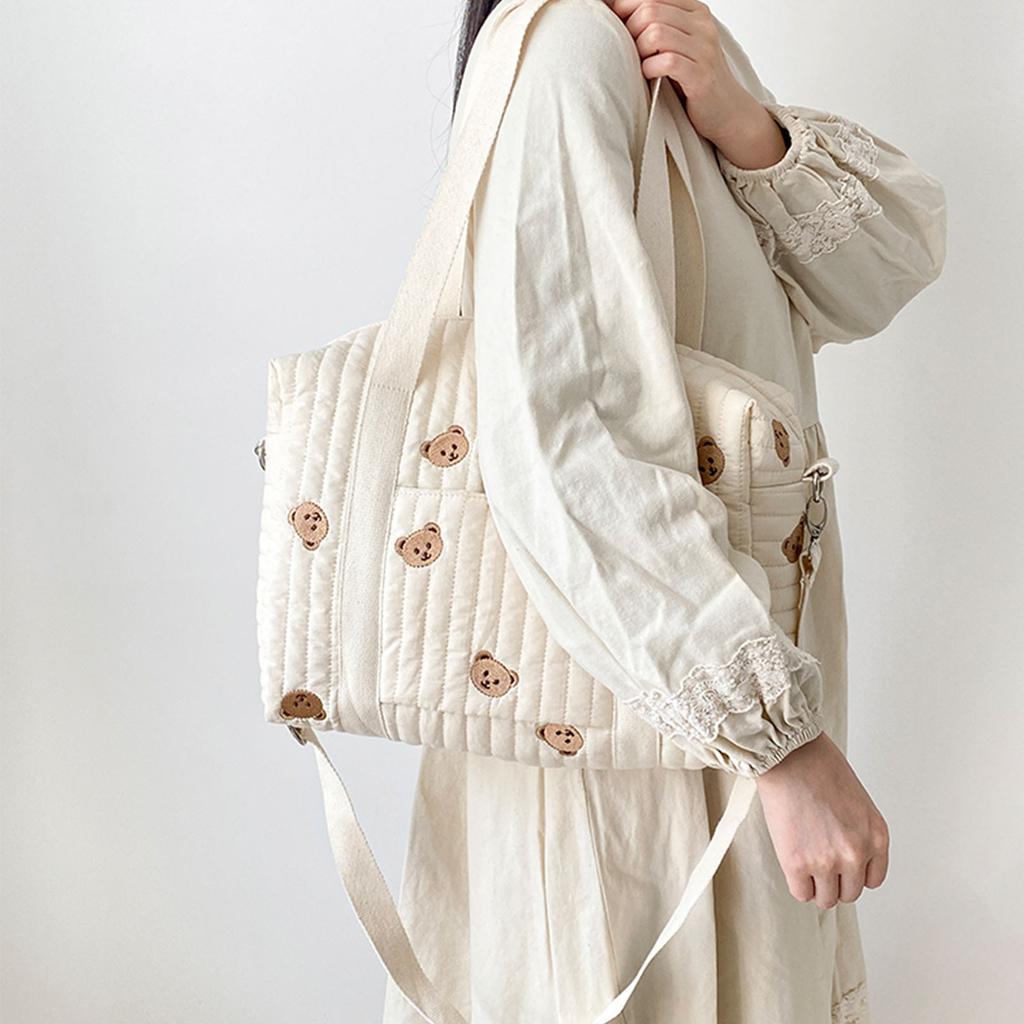 Сумка для бутылочек с вышивкой на коляску Мягкая хлопковая сумка-ведро с рисунком медведей и кроликов Оливковый бежевый ланч-бокс Сумка-тоут для бутылочек