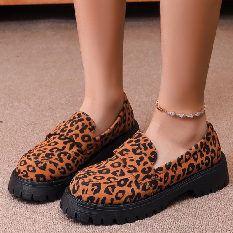 Модные лоферы на платформе больших размеров для женщин Весна Осень Винтажные туфли с леопардовым принтом Женские туфли-слипоны из искусственной замши Балетки Женские